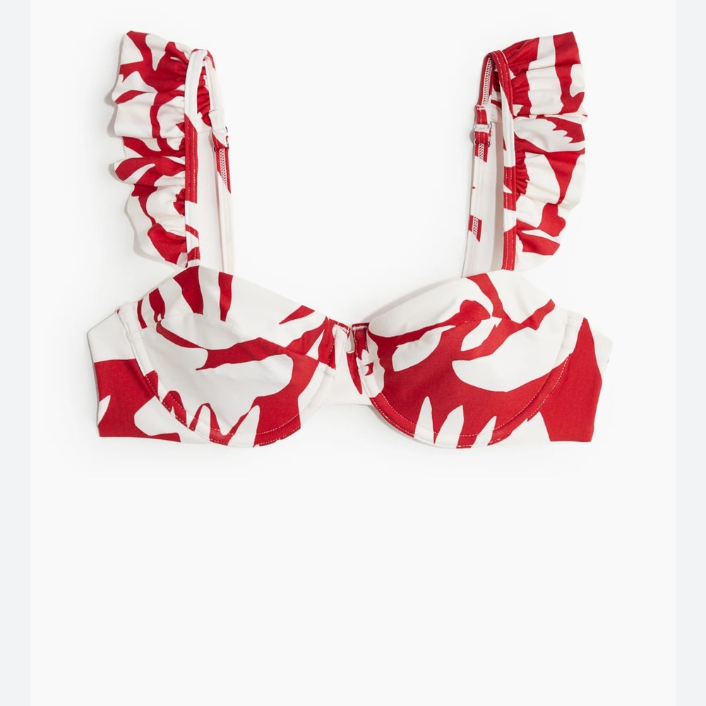 Red and White Ruffled Bikini Top